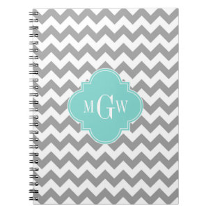 Gray Wht Chevron Aqua Quatrefoil 3 Monogram Notitieboek