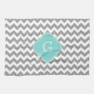 Gray Wht Chevron Aqua Quatrefoil Monogram Theedoek