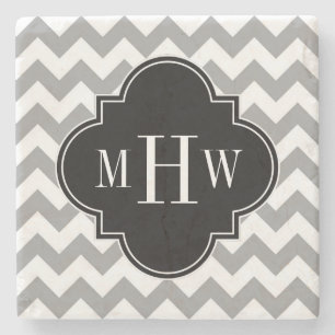 Gray Wht Chevron Black Quatrefoil 3 Monogram Stenen Onderzetter