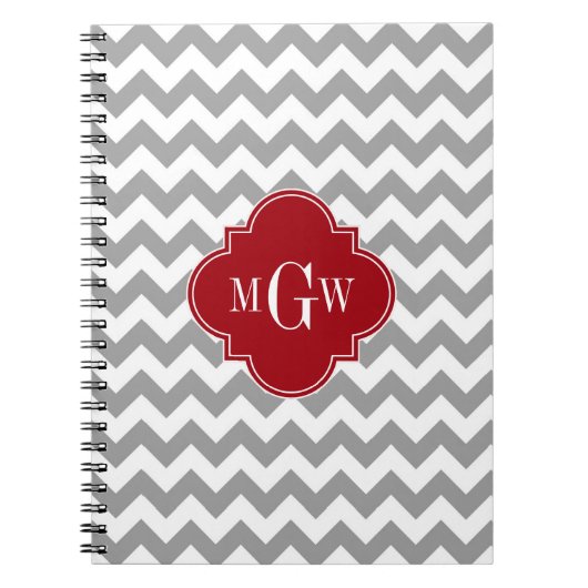 Gray Wht Chevron Cranberry Quatrefoil 3 Monogram Notitieboek (Voorkant)