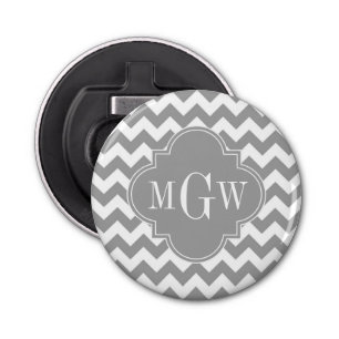 Gray Wht Chevron Dk Gray Quatrefoil 3 Monogram Button Flesopener