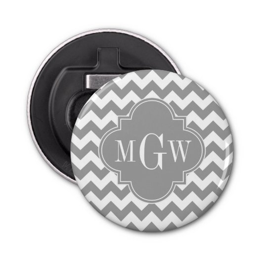 Gray Wht Chevron Dk Gray Quatrefoil 3 Monogram Button Flesopener (Voorkant)