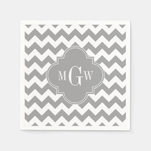 Gray Wht Chevron Dk Gray Quatrefoil 3 Monogram Servetten