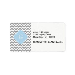 Gray Wht Chevron Lt Blue Quatrefoil Monogram Etiket