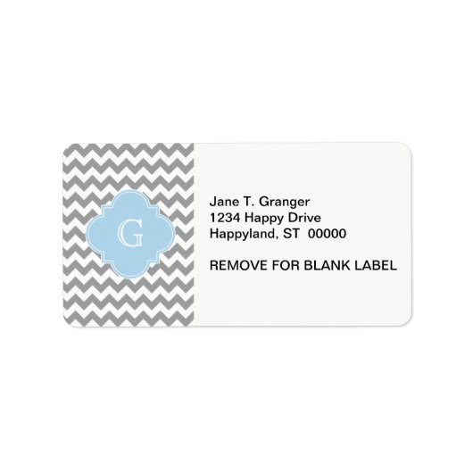 Gray Wht Chevron Lt Blue Quatrefoil Monogram Etiket (Voorkant)
