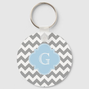 Gray Wht Chevron Lt Blue Quatrefoil Monogram Sleutelhanger