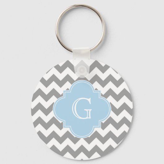 Gray Wht Chevron Lt Blue Quatrefoil Monogram Sleutelhanger (Voorkant)