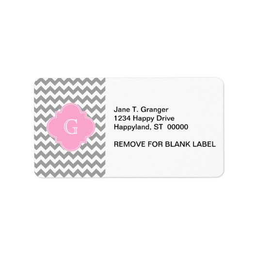 Gray Wht Chevron Pink Quatrefoil Monogram Etiket (Voorkant)
