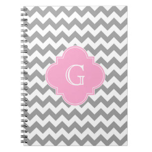 Gray Wht Chevron Pink Quatrefoil Monogram Notitieboek