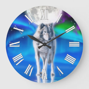Gray Wolf & Aurora Moon Wildlife Art Clock Grote Klok