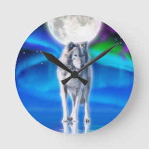 Gray Wolf & Aurora Moon Wildlife Art Clock Ronde Klok