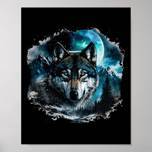 Gray Wolf Hunting Ground Icy Moon Forest Galaxy Poster (Voorkant)