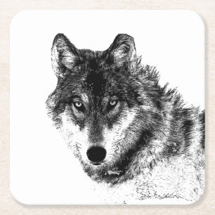 Gray Wolf Sketch Artwork Vierkante Kartonnen Onderzetter