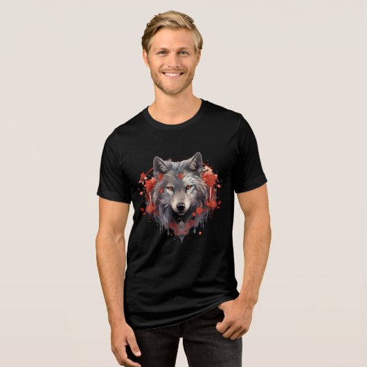 Gray Wolf with Red Flowers Illustration Tri-Blend Shirt (Voorkant volledig)