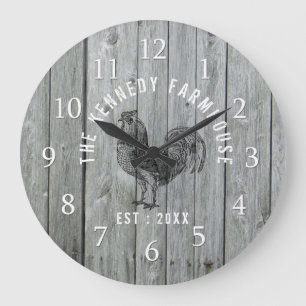 Gray Wood Familienaam Farmhouse Rooster Grote Klok