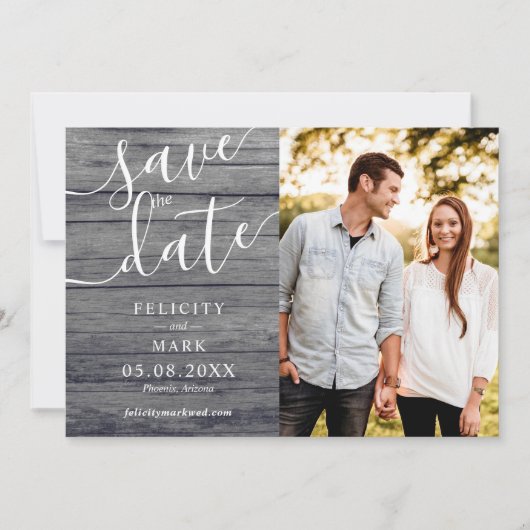 Gray Wood Rustic Typography Custom Photo Wedding Save The Date (Voorkant)