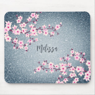 Grayish Blue Glitter Cherry Blossom Monogram Muismat