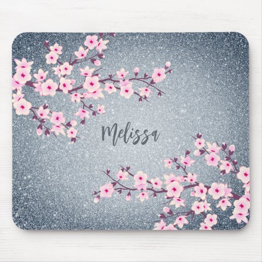 Grayish Blue Glitter Cherry Blossom Monogram Muismat (Voorkant)