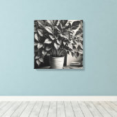 Grayscale pot plant met enorme bladeren canvas afdruk (Insitu (Houten vloer))