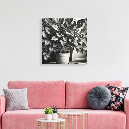 Grayscale pot plant met enorme bladeren canvas afdruk (Insitu (Woonkamer))