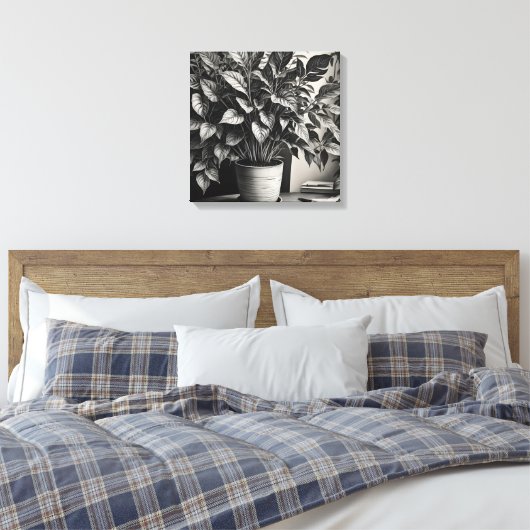 Grayscale pot plant met enorme bladeren canvas afdruk (Insitu (Slaapkamer))