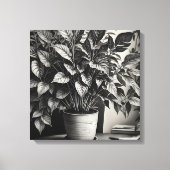 Grayscale pot plant met enorme bladeren canvas afdruk (Voorkant)