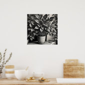 Grayscale pot plant met enorme bladeren poster (Keuken)