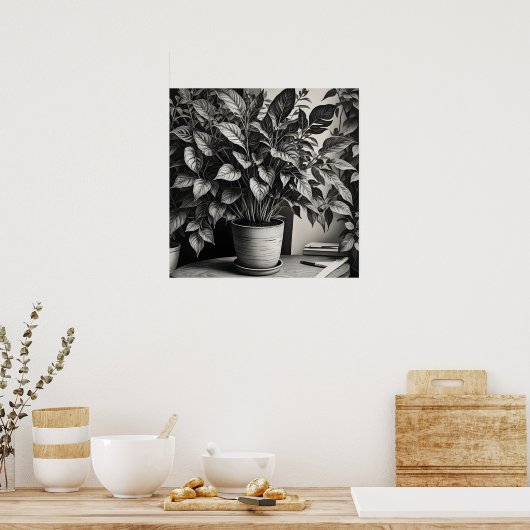 Grayscale pot plant met enorme bladeren poster (Keuken)