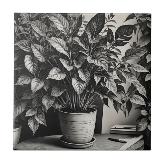 Grayscale pot plant met enorme bladeren tegeltje (Voorkant)