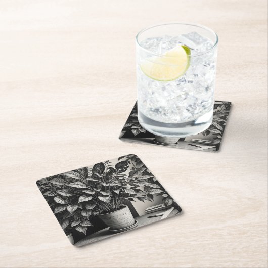 Grayscale pot plant met enorme bladeren vierkante kartonnen onderzetter (Insitu)