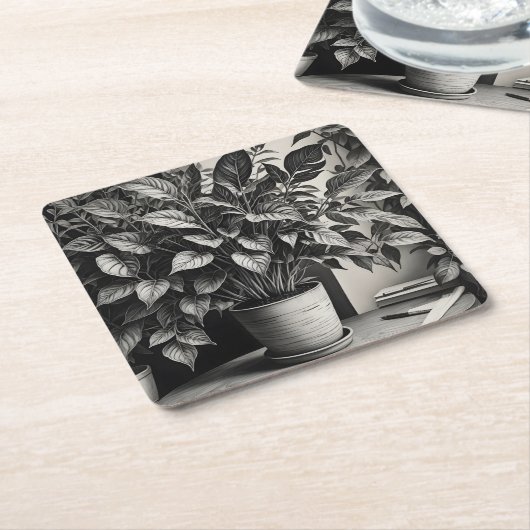 Grayscale pot plant met enorme bladeren vierkante kartonnen onderzetter (Schuin)