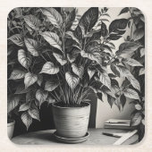 Grayscale pot plant met enorme bladeren vierkante kartonnen onderzetter (Voorkant)