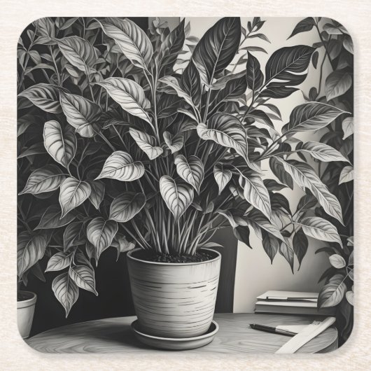 Grayscale pot plant met enorme bladeren vierkante kartonnen onderzetter (Voorkant)