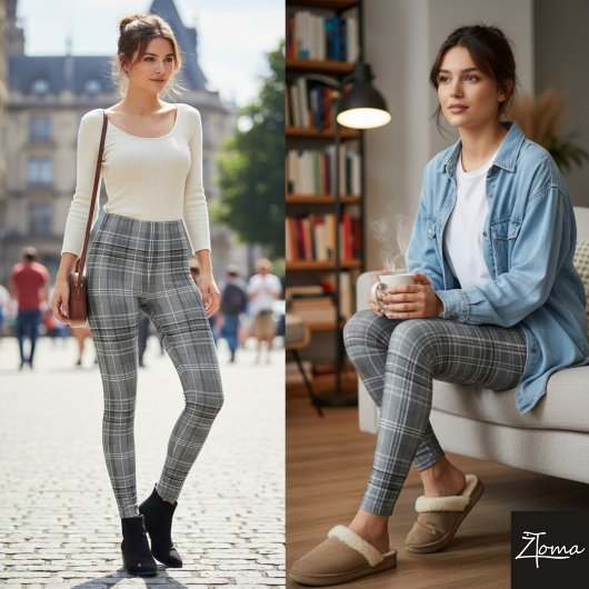 Grayscale Repeating Medium-Scale Plaid Texture Leggings