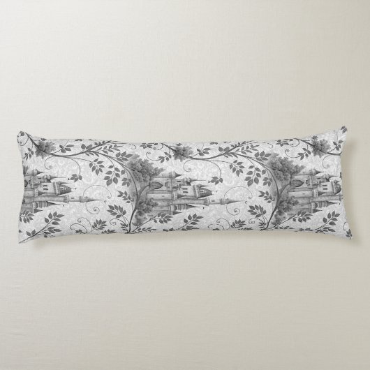Grayscale Sprookjeskasteel met  wijngrens Lichaamskussen (Achterkant)