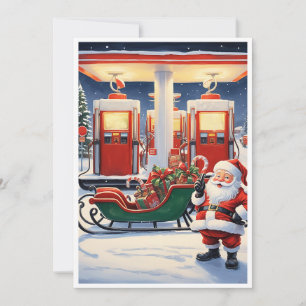 Grazige hilarische kerstman bij een benzinestation feestdagenkaart