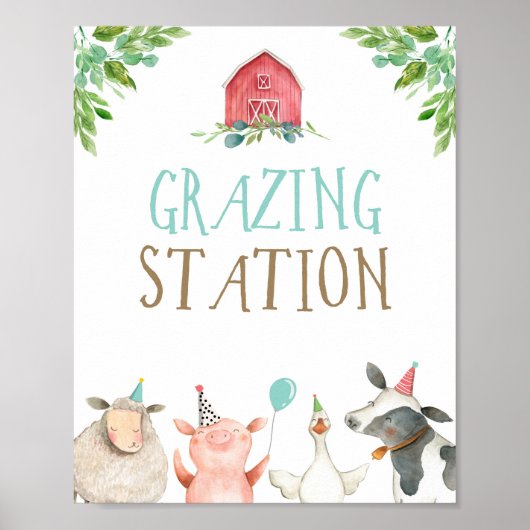 Grazing Station Farm Animals Barnyard Boy Birthday Poster (Voorkant)