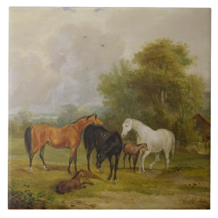 Grazing van paarden: Mares and Foals in a Field (o Tegeltje
