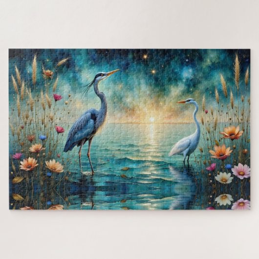 Great blue Heron & Egret flowers in water Legpuzzel (Horizontaal)