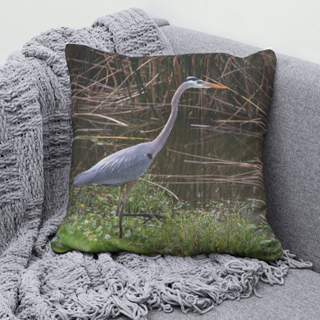 Great Blue Heron Florida Foto Kussen (A throw pillow with a photograph of a beautiful blue heron bird)