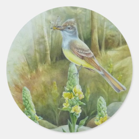 Great Crested Flycatcher Vogel Waterverf Kunst Ronde Sticker (Voorkant)