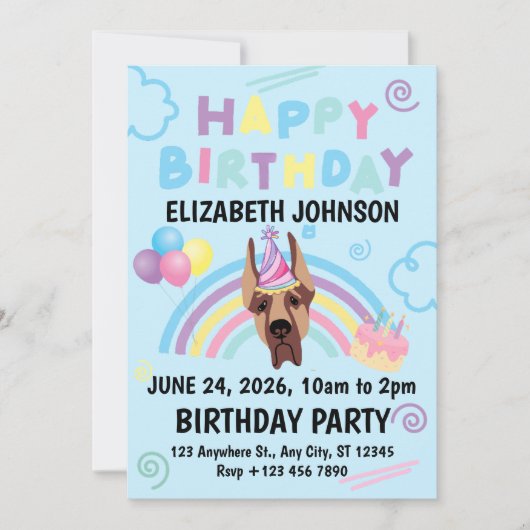Great Dane Birthday Invitation in Blue (Devant)