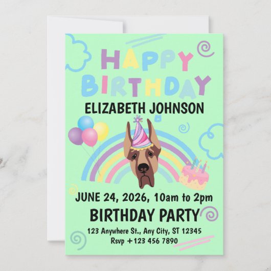 Great Dane Birthday Invitation in Green (Devant)