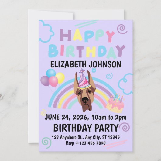 Great Dane Birthday Invitation in Purple (Devant)