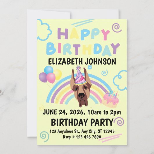 Great Dane Birthday Invitation in Yellow (Devant)