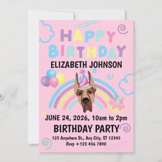 Great Dane Birthday Party Invitation Pink (Devant)