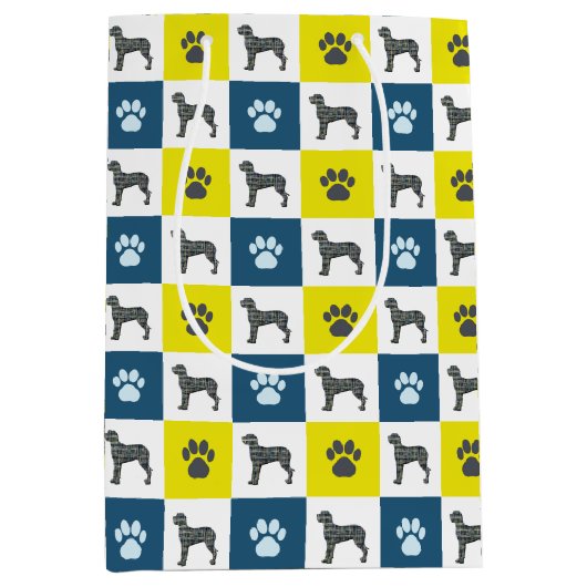 Great Dane Dog & Paw Print Yellow Grid Silhouette Medium Cadeauzakje (Voorkant)