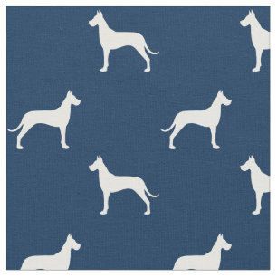 Great Dane Dog Silhouettes Pattern Blue en White Stof