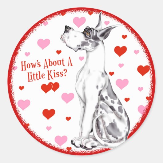 Great Dane Harlequin Valentijnsdag Kiss Ronde Sticker (Voorkant)