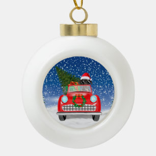 Great Dane-hond rijdt auto in sneeuw met Kerstmis Keramische Bal Ornament